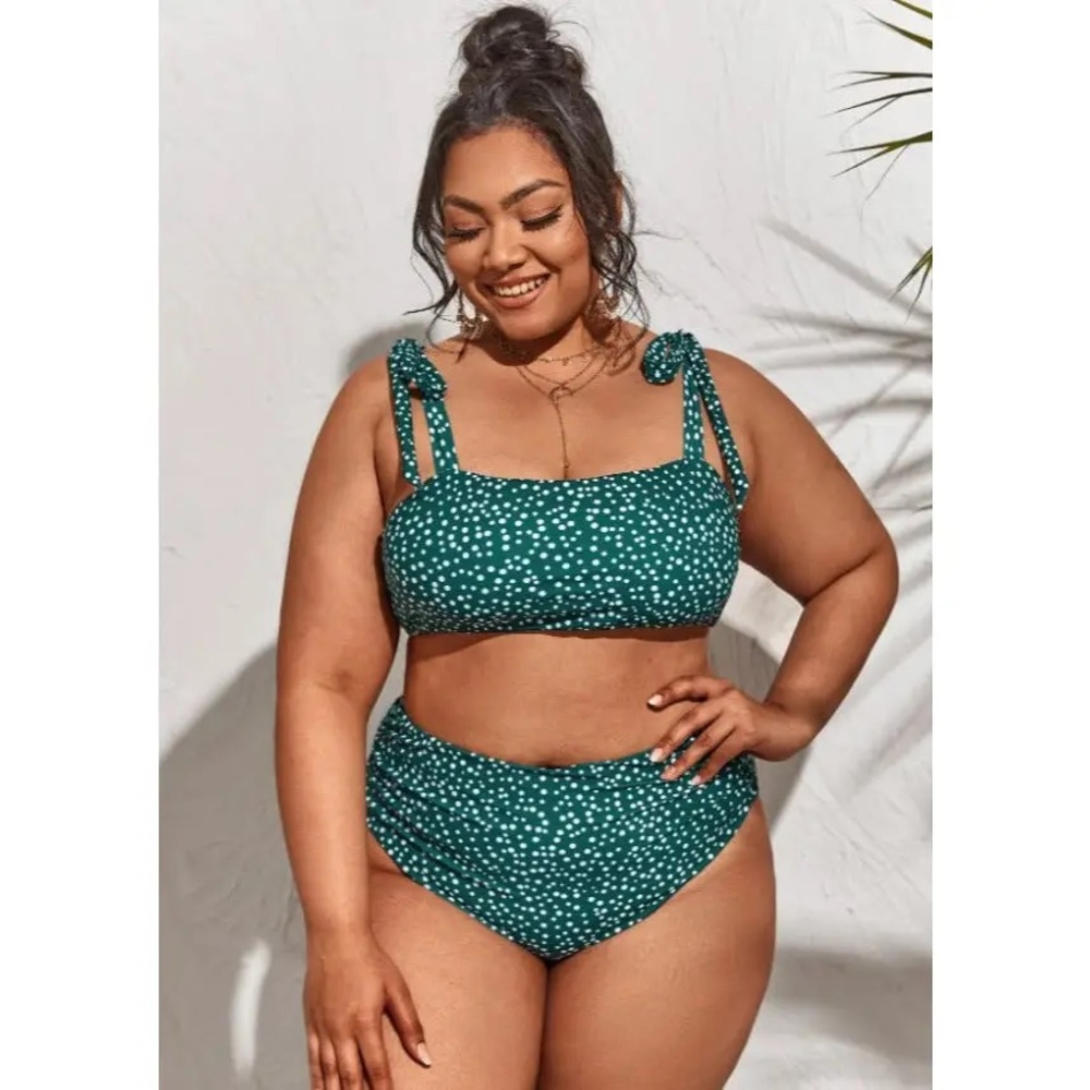 Plus Polka Dot Square Bandeau High Rise Bikini Set